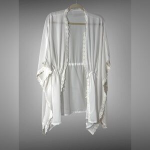 Ivory Sheer Lace Trim Boho Kimono Cardigan Tie Waist Open Front